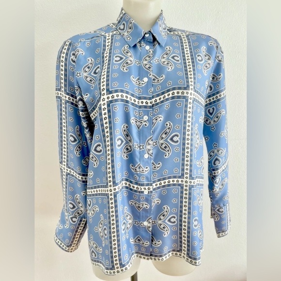 Sandro | Carlota Printed Silk Blouse Blue white size 1 (small) - Picture 7 of 13